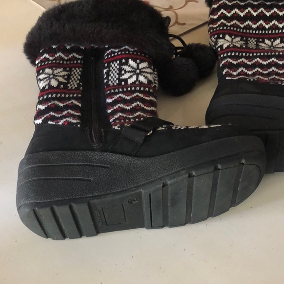 Snowflake Knit Wedge Heel Boots Pom Pom-Fair Isle sweater Faux Fur Winter Boots - Picture 7 of 16